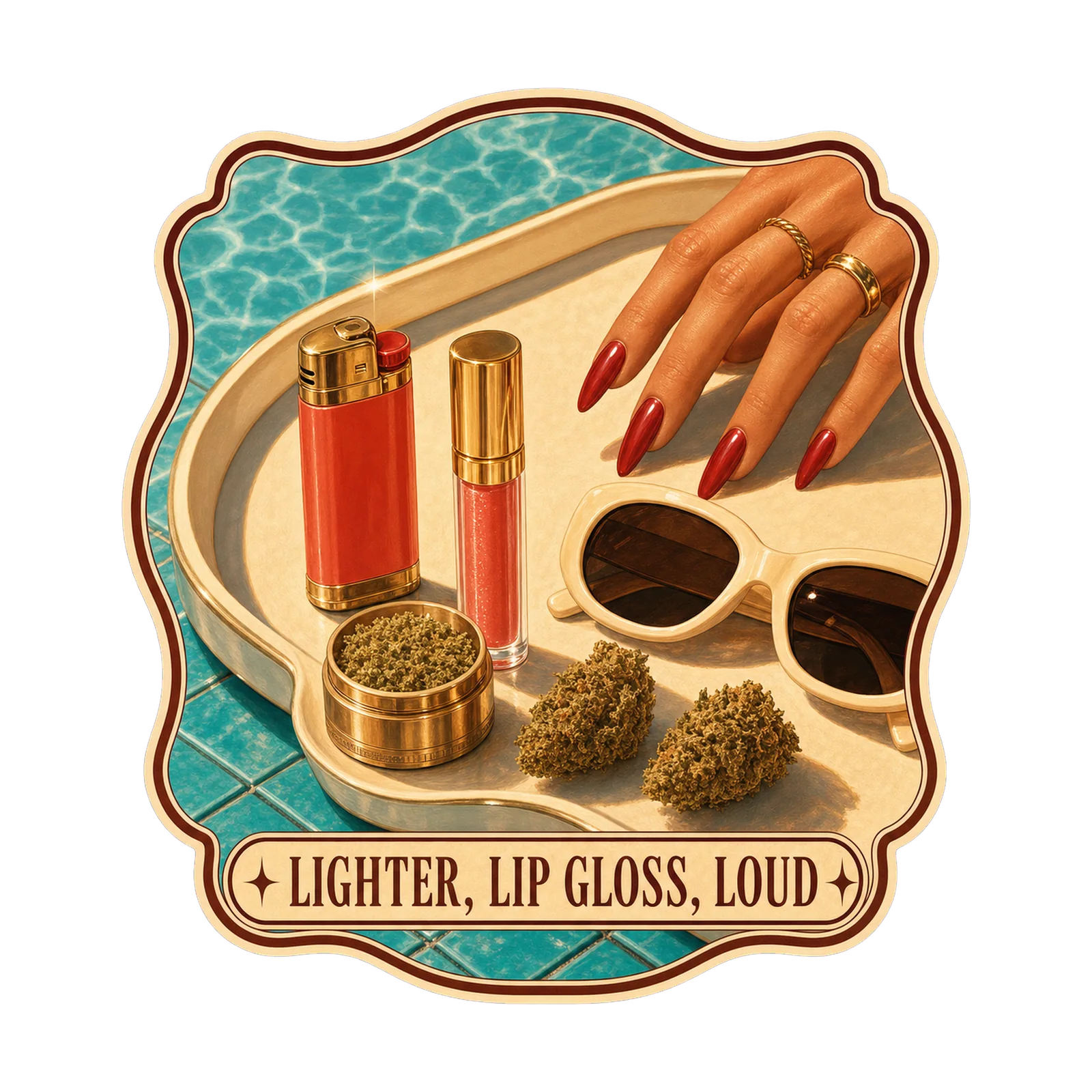 Lighter, Lip Gloss, Loud — Poolside Haze Club cannabis artwork