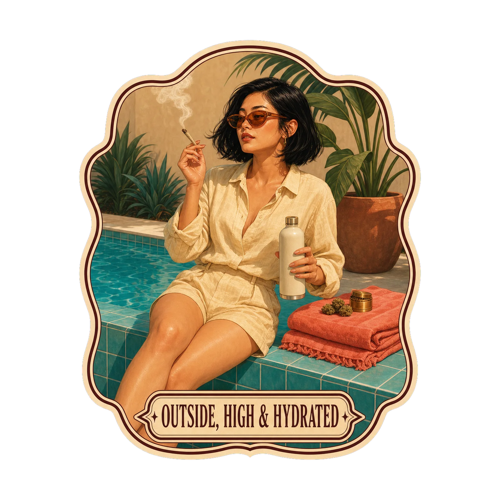 Outside, High & Hydrated — Poolside Haze Club cannabis artwork